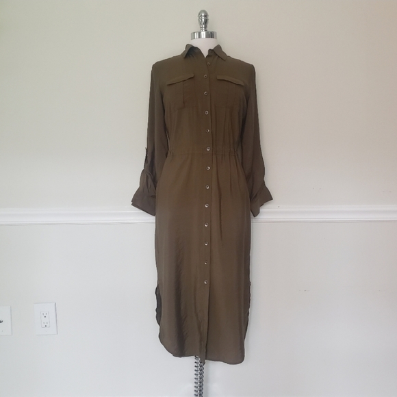 Maeve Anthropologie Button Up Shirt Midi Dress Olive Green XS/S - Picture 4 of 11